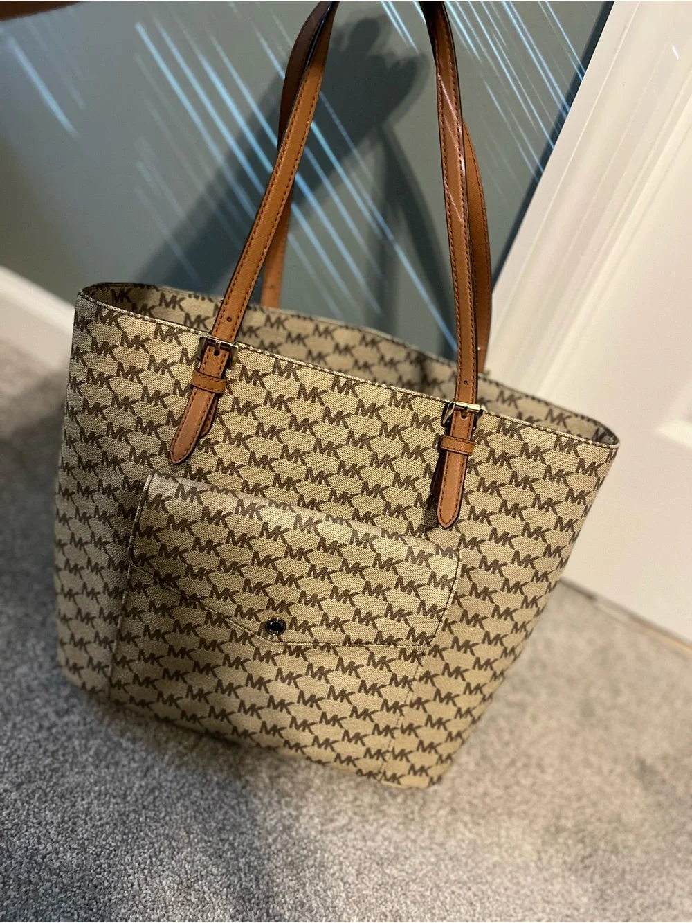 Michael Kors Beige MK Logo Tote with Tan Straps